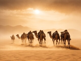 Fototapeta na wymiar Sandstorm Adventure with Camels: Navigating Nature's Fury in the Desert Whirlwind