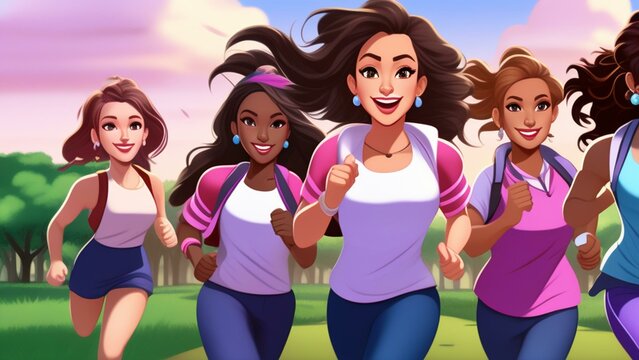 cartoon clipart group of diverse females jogging together in park 