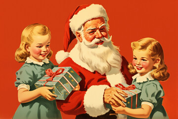 1950s painted vintage style christmas card with a fictional jolly santa claus surrounded by happy children, blank background