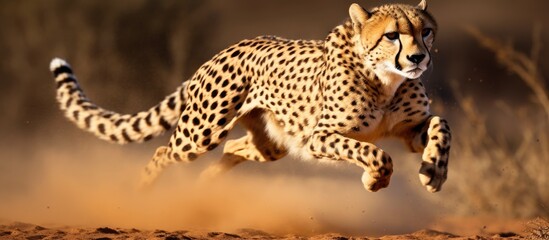 Cheetah in motion, chasing a lure, fully airborne.