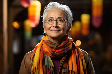 Portrait of a content elderly woman with glasses and a colorful scarf, smiling gently against a...