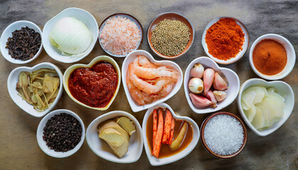 The Korean traditional food Kimchi ingredients in the heart shape bowl. Fish sauce, minced garlic, red pepper powder, salted shrimp, sea salt, ginger and mixed seasoning with radish. Top view - obrazy, fototapety, plakaty