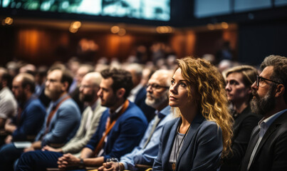 Audience Engaged in Focused Attention at a Professional Conference Event, Listening to Speakers on Stage, Business Seminar in Modern Venue - obrazy, fototapety, plakaty