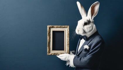 Hase / Weißes Kaninchen in Vintage-Anzug präsentiert einen leeren Bilderrahmen vor blauer Wand. Mockup. Fotorealistische Illustration. Hintergrund - obrazy, fototapety, plakaty