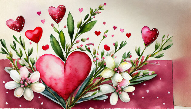 valentine card with waxflower and hearts; watercolor hand drawn illustration