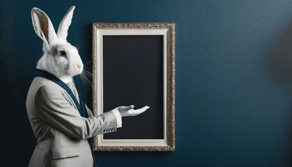 Hase / Weißes Kaninchen in Vintage-Anzug präsentiert einen leeren Bilderrahmen vor blauer Wand. Mockup. Fotorealistische Illustration. Hintergrund - obrazy, fototapety, plakaty