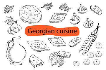 Set of georgian food elements in doodle outline. Vector illustration can use for georgia menu background, wallpaper, banner and flyer. Outline set of georgia cuisine food in hand drawn sketch style.  - obrazy, fototapety, plakaty