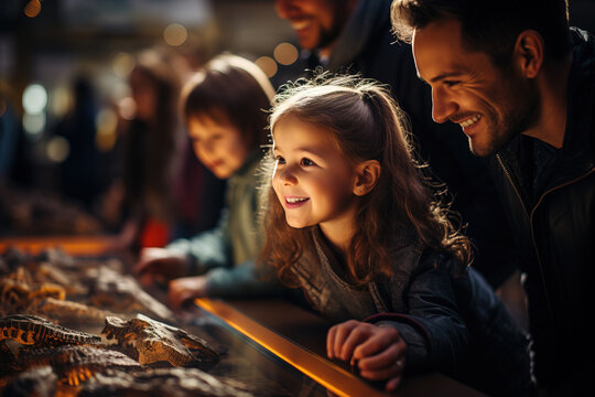Smiling family with children engrossed by an exciting museum exhibit, sharing a moment of wonder and discovery.
