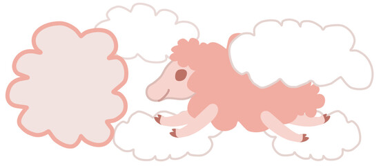 A light pink sheep flying amount white clouds, with one cloud forming a frame for text. Card template. Vector drawing. 