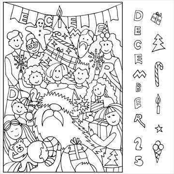 Family with Santa near the Christmas tree. Find and color hidden objects in the picture. Coloring page. Puzzle Hidden Items. Sketch vector illustration