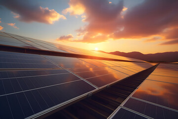 Beautiful view of solar panels and sunset. 