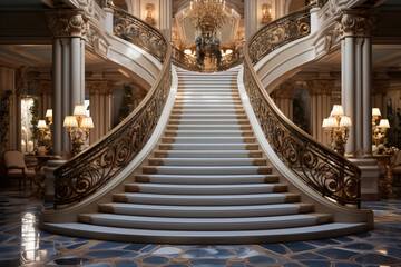 Obraz premium Luxurious grand staircase in a mansion with ornate details and an opulent chandelier, capturing a symmetrical, prestigious interior.