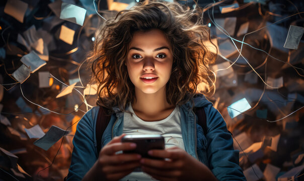 Mesmerized Young Woman Engulfed in a Dynamic Swirl of Floating Smartphones and Digital Debris, Symbolizing Information Overload and Social Media Chaos