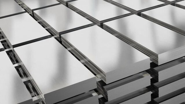 Rolled metal product. Piles of steel metal in stock. Steel sheets in warehouse.
