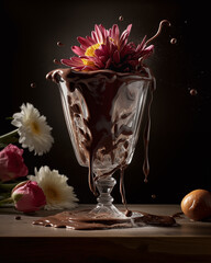 Ice cream that is overflowing with chocolate sauce and flower on top Dark Background AI Generated