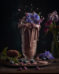 Milkshake smoothie that is overflowing with chocolate sauce detailed and eleganplaced on a round  tray AI Generated