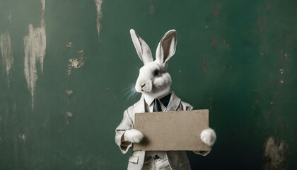 Weißer Hase / weißes Kaninchen in hellem Anzug hält leeres Schild aus Karton / Pappe vor sich. Mockup. Zum selbst beschriften. Vor dunkelgrüner Wand. Fotorealistische Illustration. Hintergrund