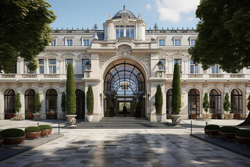 Fototapeta na wymiar Elegant classical architecture of a luxurious hotel entrance with topiary and manicured gardens.