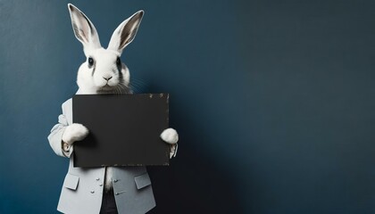 Weißer Hase / weißes Kaninchen in Vinatge-Anzug hält leeres schwarzes Schild aus Karton vor sich. Mockup. Zum selbst beschriften. Vor dunkelblauer Wand. Fotorealistische Illustration. Hintergrund - obrazy, fototapety, plakaty