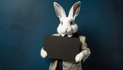 Weißer Hase / weißes Kaninchen in Vinatge-Anzug hält leeres schwarzes Schild aus Karton vor sich. Mockup. Zum selbst beschriften. Vor dunkelblauer Wand. Fotorealistische Illustration. Hintergrund - obrazy, fototapety, plakaty
