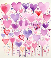 Watercolor hand drawn seamless pattern of red and purple hearts, envelopes for Valentine's day Isolated on white background. Design for paper, love, greeting cards, textile, print, wallpaper, wedding.