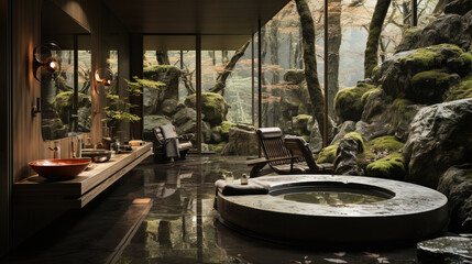 Obraz premium Modern luxury spa interior with stone bathtub, floor-to-ceiling windows overlooking a serene forest, embodying tranquility and natural elegance.