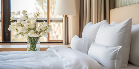 Elegant Hotel Bedroom with Plush White Pillows, Crisp White Bedding, and a Bouquet of Fresh Flowers by the Window