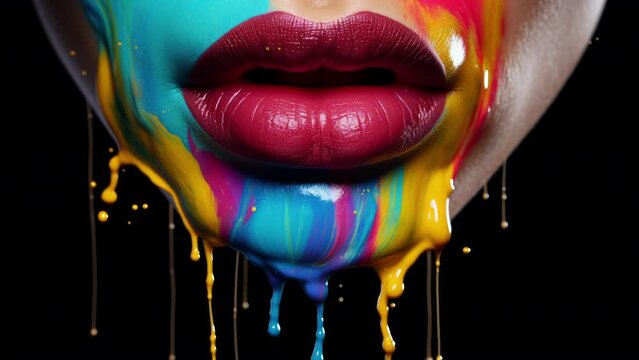 Female red lips with colourful paint falling down face