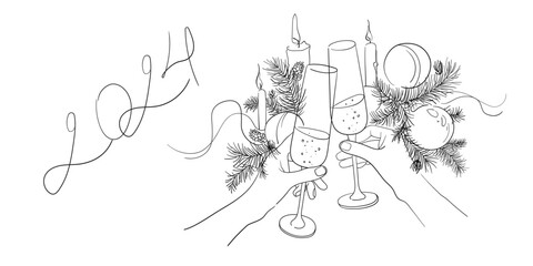 Continuous line champagne cheers one line art, continuous drawing contour on white background. 2024 Cheers toast festive decoration for holidays. Vector illustration