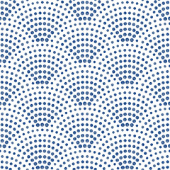 Wavy seamless pattern with geometrical fish scale layout. Blue watercolor painted drops on a white background. Fan shaped seigaiha pattern  - obrazy, fototapety, plakaty