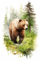 Brown Bear living in Forest realistic style watercolor