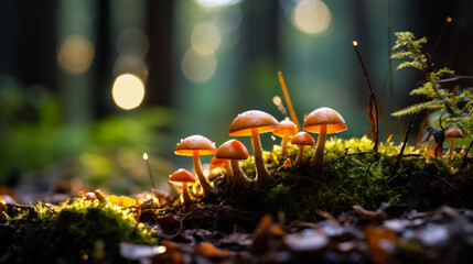 Mushrooms growing on a mossy tree trunk in the forest