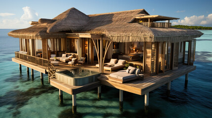 Fototapeta premium An overwater bungalow with a thatched roof at a luxury resort in the tropics during sunset, epitomizing exclusive travel.