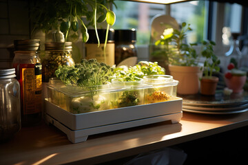 Evening light bathes a kitchen counter with meal prep containers filled with fresh vegetables and spices.
