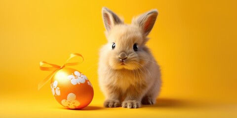 Bunny looking at camera beside speckled egg on yellow background.