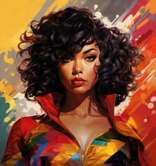 An illustration of a female superhero on a colored background, generative AI