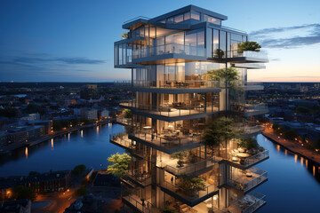A luxury high-rise residential building with illuminated glass facades towers over a tranquil river at dusk, showcasing modern architecture.