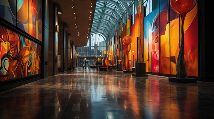 Spacious and modern art gallery interior with vibrant wall art under a glass ceiling, reflecting on...