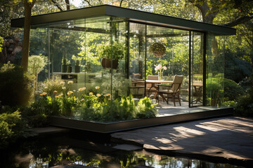 Luxurious modern greenhouse with transparent glass walls surrounded by a landscaped garden and reflecting pond, basking in natural light.
