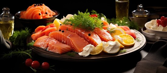 Festive brunch with cured salmon and accompaniments.