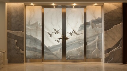 A Passover door encased in polished marble, its surface etched with symbols of freedom and hope