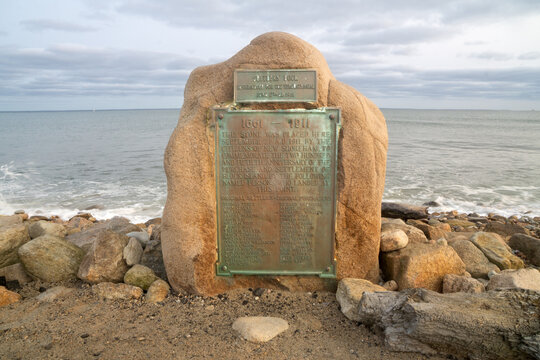 New Shoreham, RI - US - Sept 16, 2020 Landscape view of Settlers Rock, a monument listing the names of Block Island's first settlers at their landing place, April, 1661.