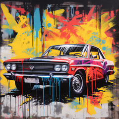 High-Contrast Graffiti Car Poster with Bold Colors and Expressive Brushstrokes