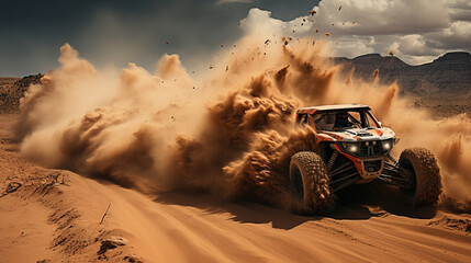 A powerful off-road vehicle kicks up a massive cloud of dust while racing across a desert dune. - obrazy, fototapety, plakaty