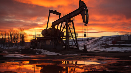 An oil pumpjack operates against a vibrant sunset sky, reflecting in a small pool of water, highlighting industrial energy extraction.