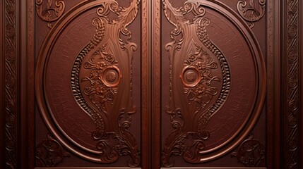 A polished mahogany door engraved with ornate Passover motifs, reflecting the warmth of family gathering inside
