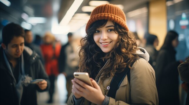 Photo of young Asian girl holding a phone in the subway explaining the importance of public transportation