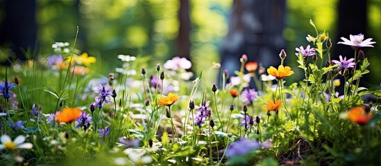 Colorful wild herbs and wildflowers bloom in the summer forest, providing beautiful vegan food for the herbalist.