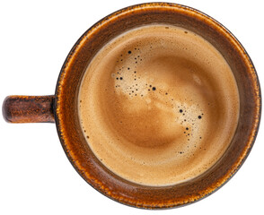 cup of espresso coffee on white background, top view