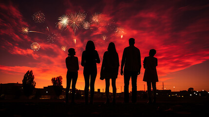 Silhouetted group of people standing against a vibrant evening sky lit by colorful fireworks, representing celebration and togetherness.